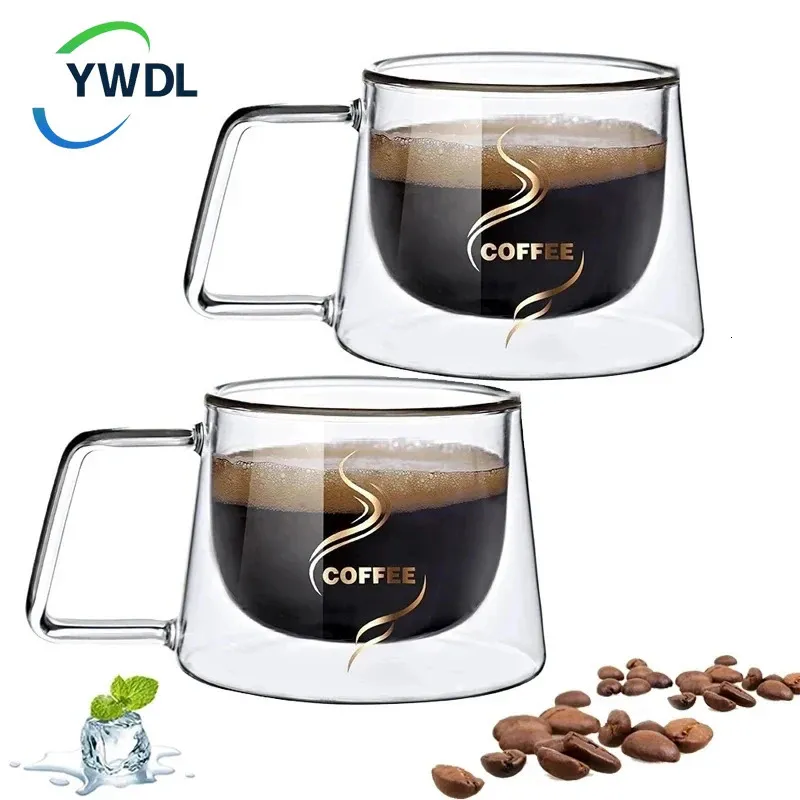 YWDL 200 ml Doppelwandglas Kaffee Kaffeetasse Heigereimer Espresso -Tasse Thermo isoliert für Latte Cappuccino Tee Getränks Set 240429