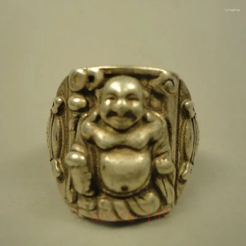 Dekoracyjne figurki Chiny Tybet Srebrny ręcznie wykonany Happy Maitreya Buddha Statue Pierścień