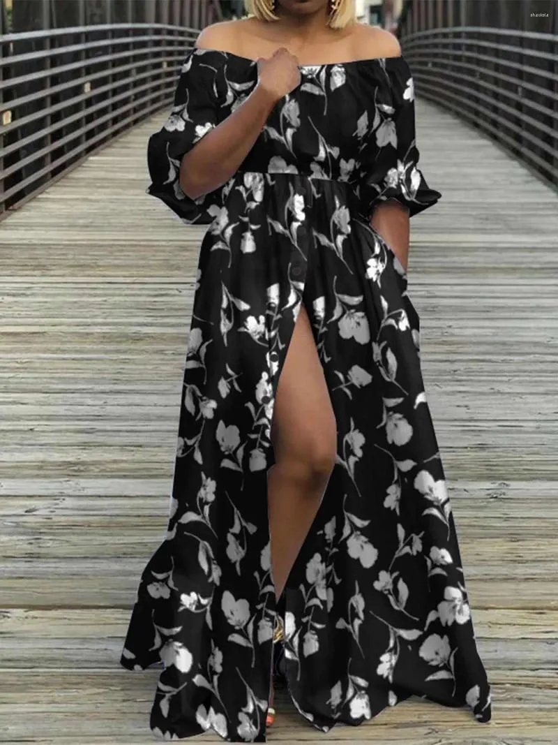 Sukienki imprezowe Celmia Sexy Off Ramper Long Maxi sukienka Kobiet Lantern Rękaw kwiatowy nadruk Sundress 2024 Slit Summer Casual Buttons Srain