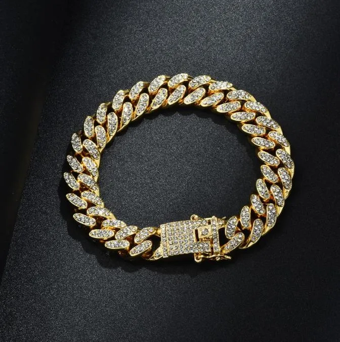 13mm 678910Inch Hiphop Gold Silver RoseGold Simulated Iced Out Miami Cuban Link Chain Bracelet3871924