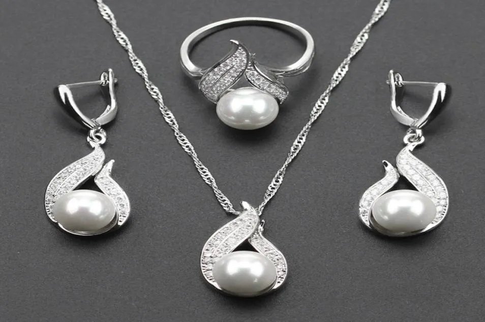925 colori argento a forma di Siode gioielli di perle bianchi per donne regalo di natale Colore argento Anello di orecchini JS313985943
