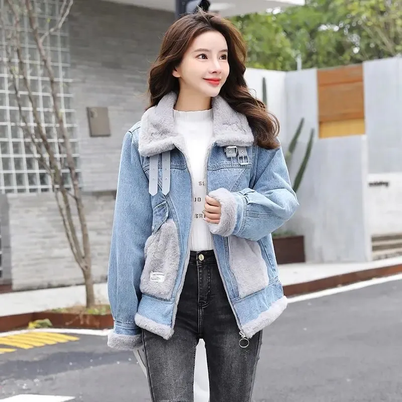 Y2K Asymmetric Padded Denim Jacket With Faux Fur From