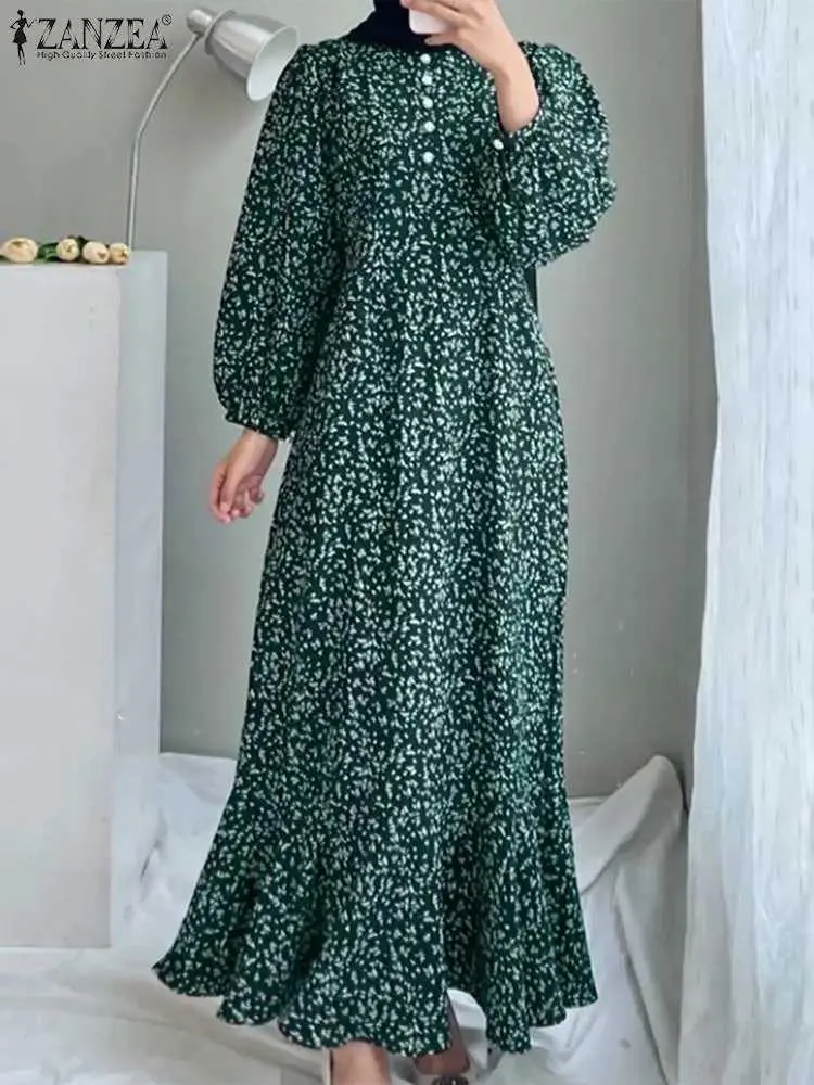 Podstawowe sukienki swobodne Zanzea Women Flower Print Dubai Trkiye Abaya Opaska retro muzułmańska długa sukienka Women Bohemian Islamski odzież Y240429