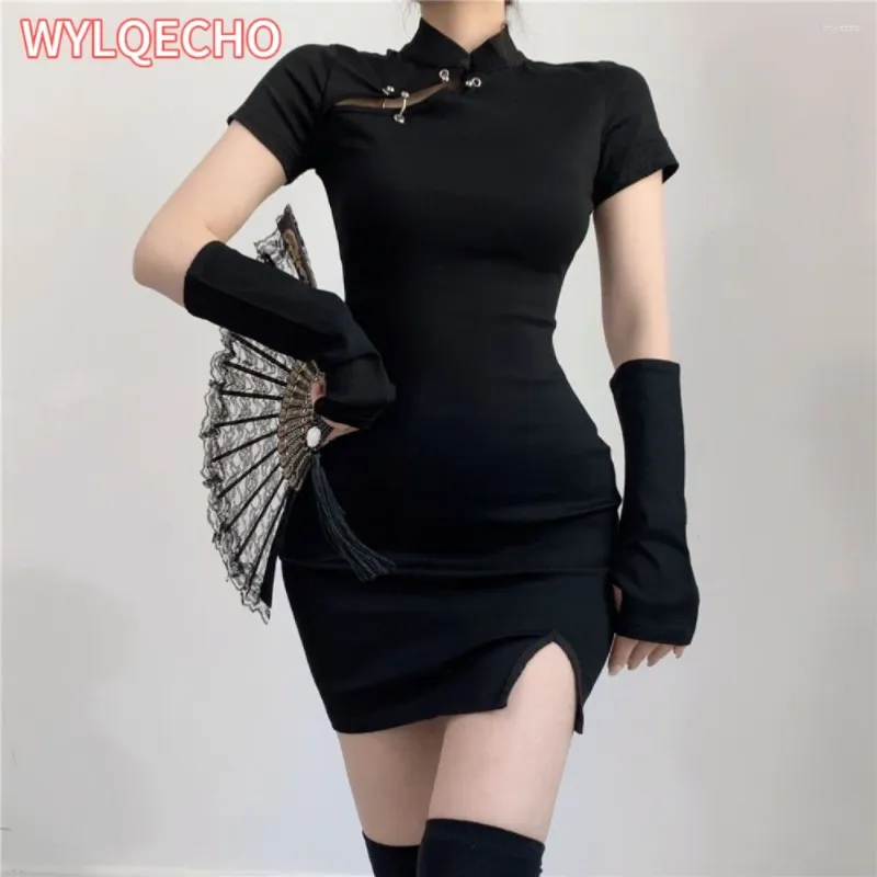 Этническая одежда женщин мода темно -черное ретро Qipao короткое китайское Choongsam Sexy Lady Nightclub Bodycon вечеринка вечернее платье винтаж