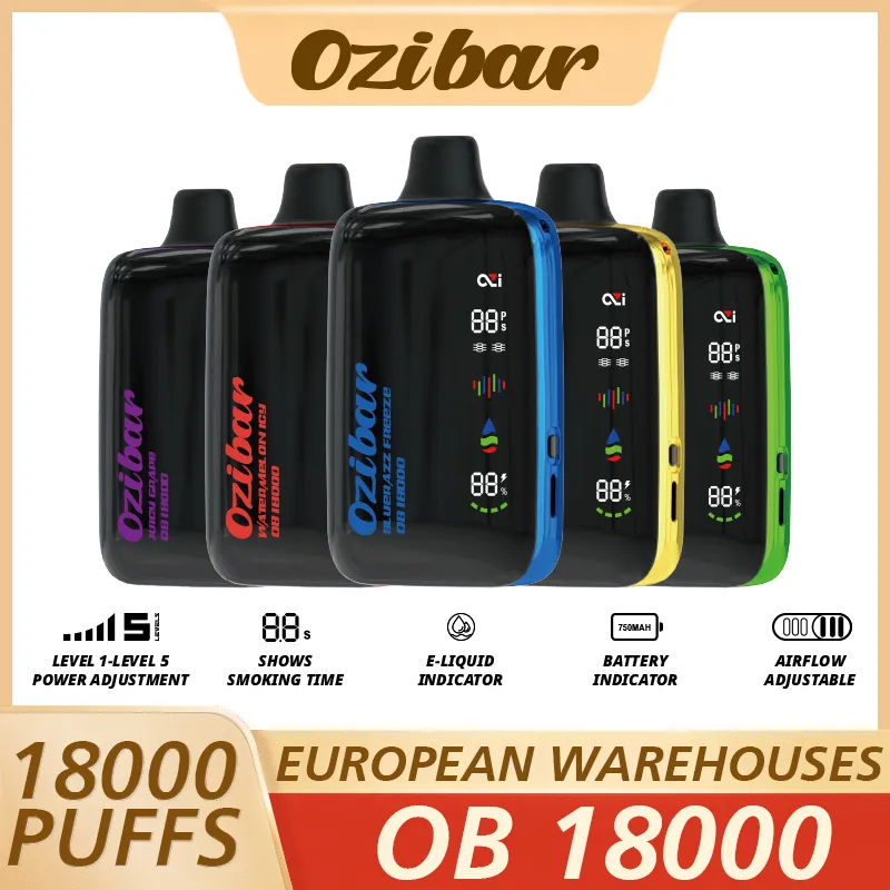 US Warehouse Ozi Bar 18000 Puffs Vapes desechables Pen Big Big LED E CIROLLO 5% Vaporizador de bobina de malla recargable 18K Puff 5 Nivel Ajuste de aire Geek Geek Bar Raz