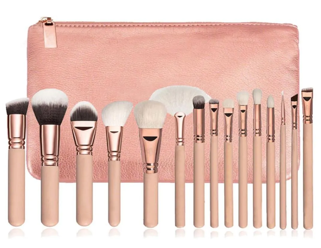 15 piezas de cepillos de maquillaje rosa juego Pincel maquiagem en polvo ojo kabuki kit completo kit cosmética herramientas de belleza con estuche de cuero1506074