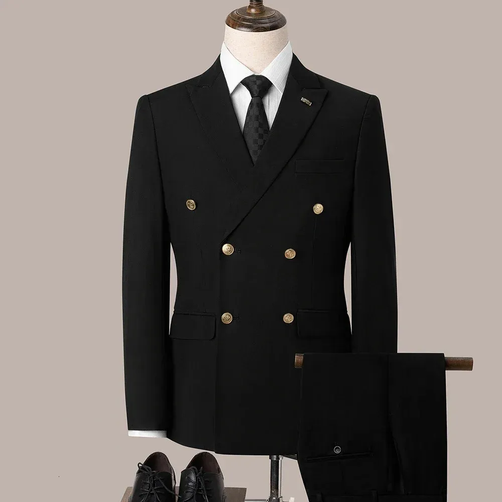 Men Casual Boutique Business Slim vaste kleur dubbele borsten formeel pak 2 pc's set jurk blazers jasbroek broek broek 240419