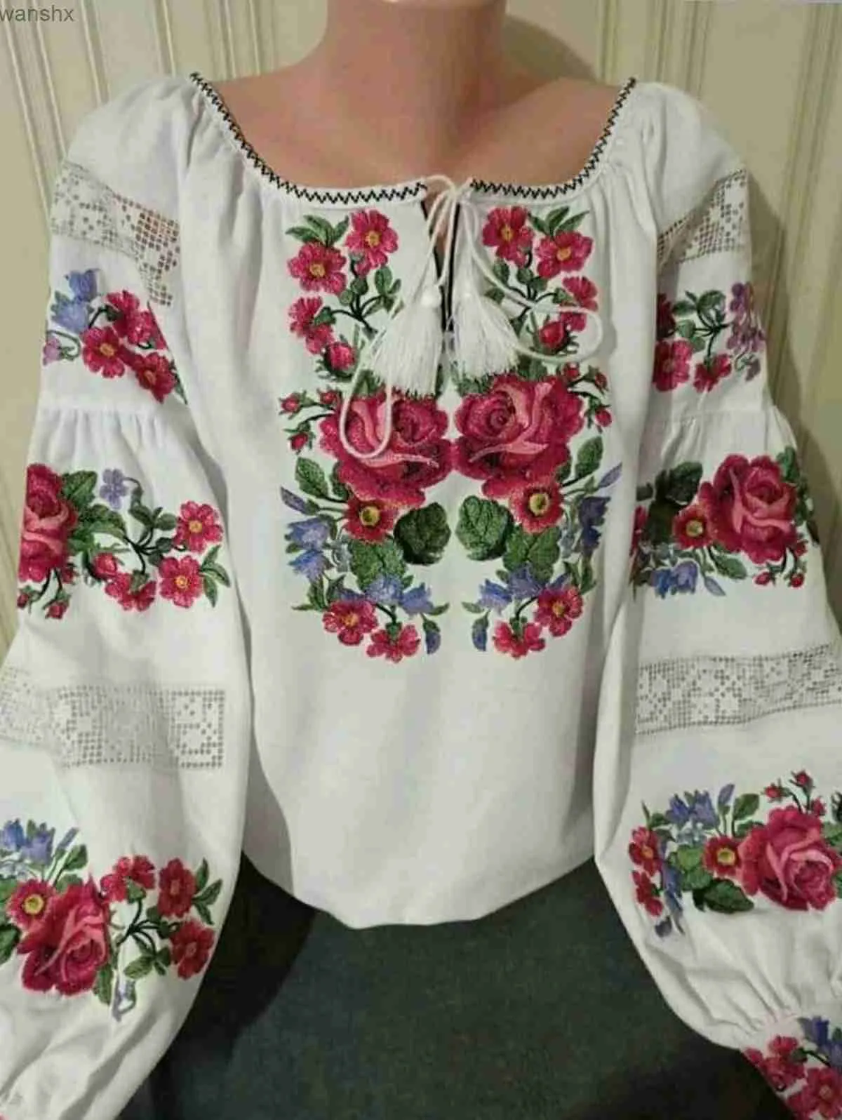 Frauenblusen Hemden Blume bedruckte Laternenhülse bohemian Hemd Sexy Spitze Quaste O-Neck Hollow Damen Top Frühling Sommer Herbst Winter Chic Shirtl2405