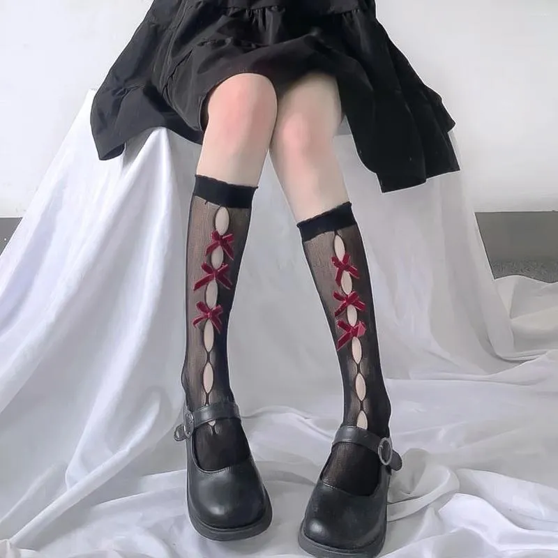 Women Socks Black Hollow Bow Red Cool Dancers Pantyhose Thin Retro See-Through Twerk Cosy Lingerie Mesh Roleplay High Quality Wear