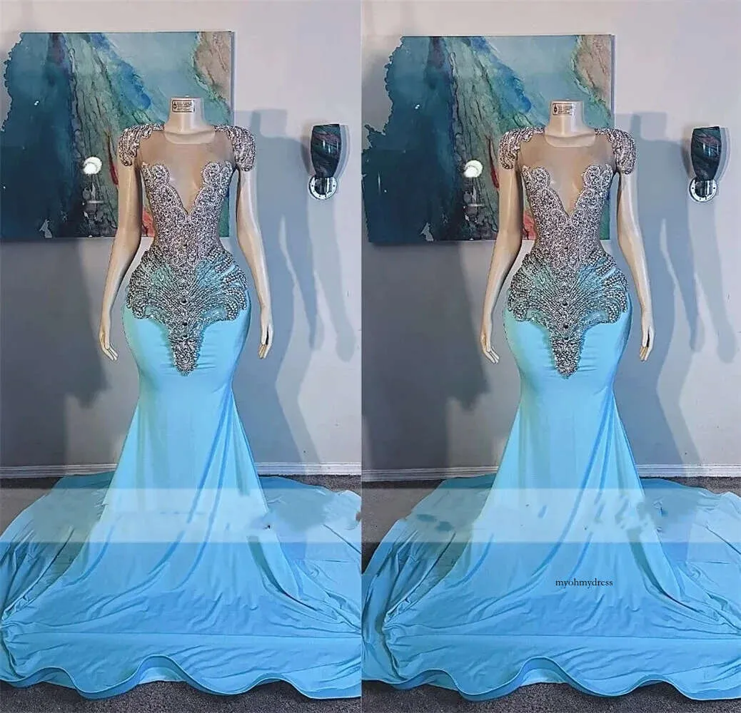 Sky Blue Prom For Black Girls 2024 Diamond Party Gowns Rhinestones Mermaid Evening Dresses 0431