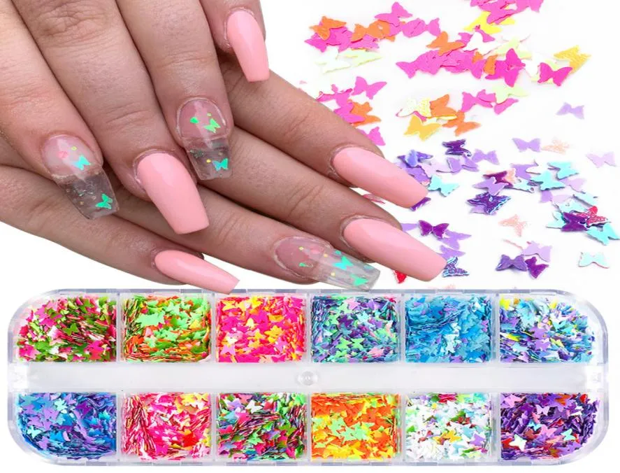 12 rutnät 3D Nail Art Butterfly Flakes Holographics Nails Glitter Sequins Decoration Diy Charms Design Beauty Salon Supplies1472167