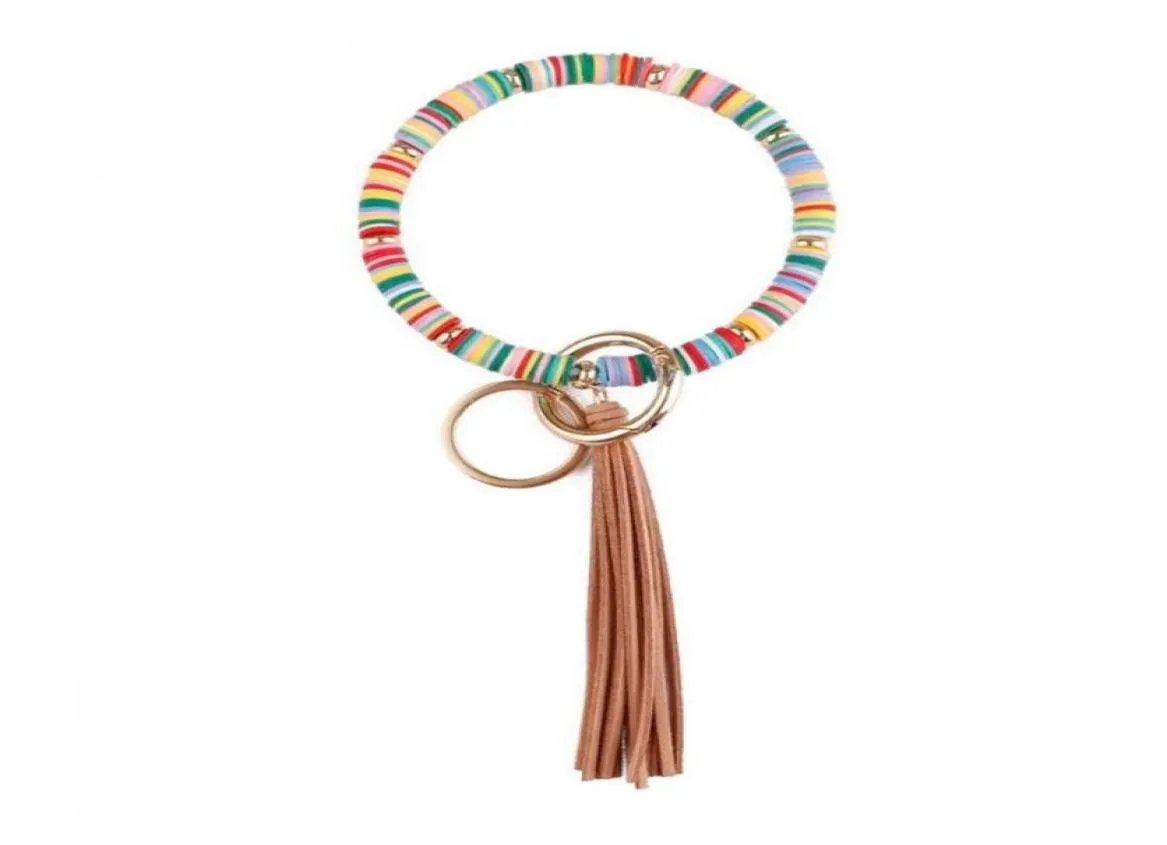 Keychains ZWPON Boho Heishi Polymer Clay Disc Beads Circle Keychain Velvet Tassel Wristlet Bracelets For Women Surf Jewelry Whole12987493