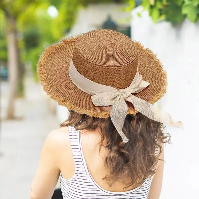 Chapéus largos com borla Tassel renda fêmea arco bowknot straw chapéu verão mulheres senhoras lhures casuais fita solar protetora solar para praia 2024