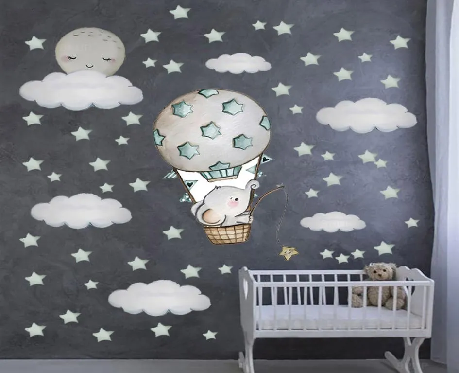 Stor storlek 100 cmx100 cm väggklistermärken söta baby elefant på luftballongväggen dekaler akvarellstjärnor för baby barnkammare8035177