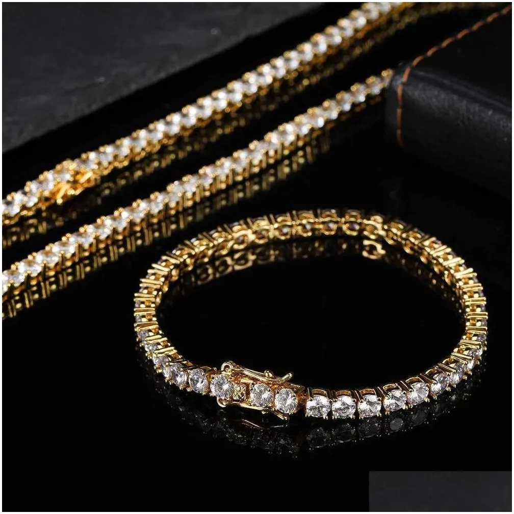 Bracelet Necklace Hip Hop Bracelets Jewelry Set Tennis Chains Men Women Bling Diamond 18K Real Gold /White Plated Drop Delivery Sets Dhpfq