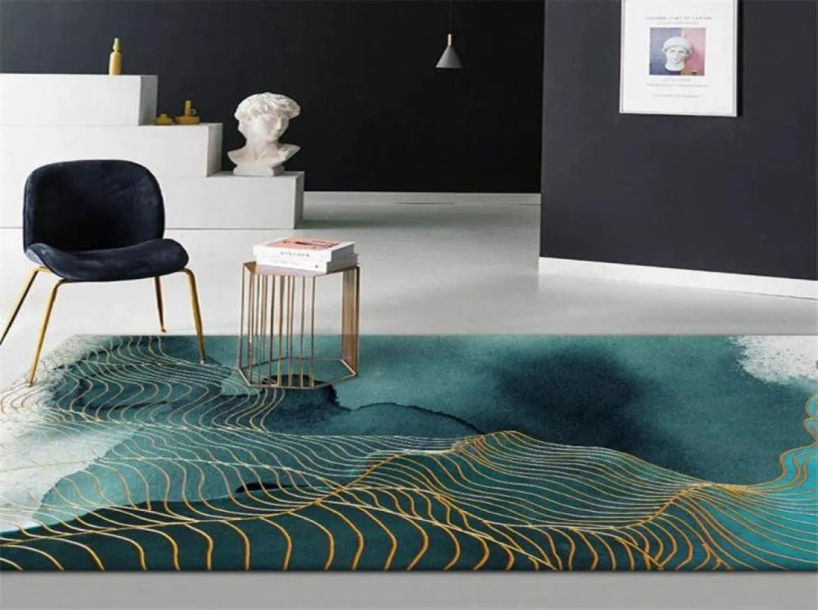 Abstract Green Golden Strip Carpet For Floor Chinese Painting Tapis de salle de bain Mode Antislip Mat Porte d'entrée Porte 3D Pattern8000270