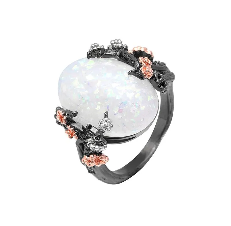 Beautiful Tree Flower Ring Jewelry Black Gold Filled Romantic CZ Big White Fire Opal Ring Women Drop Bands Finger Ring5159696