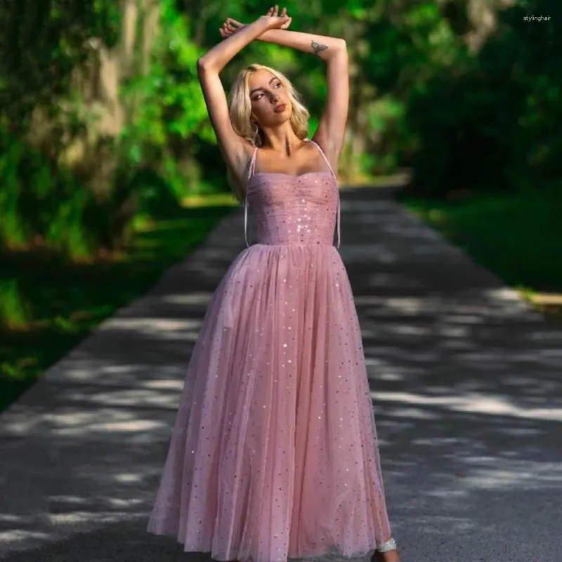 Vestidos de fiesta Uzn A Line Starry Pink Press Dress Sweetheart Sleats Glitter Tulle Tulle Spaghetti Spaghetti con huesos