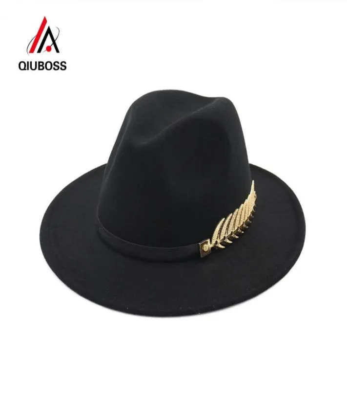 Qiuboss Trend Solid Color Men Women Wol Filt Panama Hat Fedora Caps Leather Band Metal Leaves Patroon Black Jazz Trilby T2001183570089