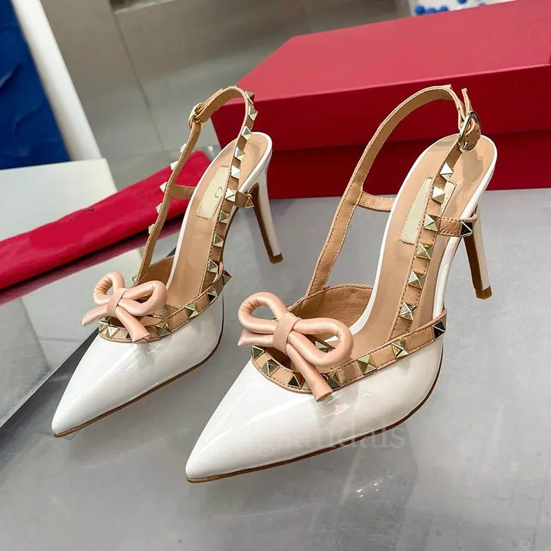 Designesr 9,5 cm High Women Office Boot Heels Sandalen Leerglaasjes Slingbacks Pumps Witte kledingschoenen Luxe sandaal