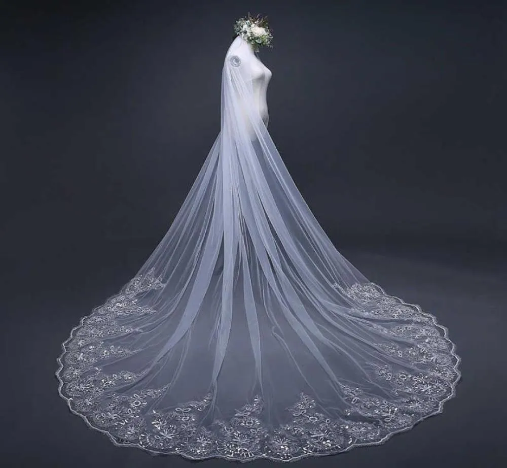 345 mètres blancs ivory Cathedral Wedding Veils Long Lace Edge Bridal Veil with peig accessoires de mariage Bride Veu Wedding Veil x01057545