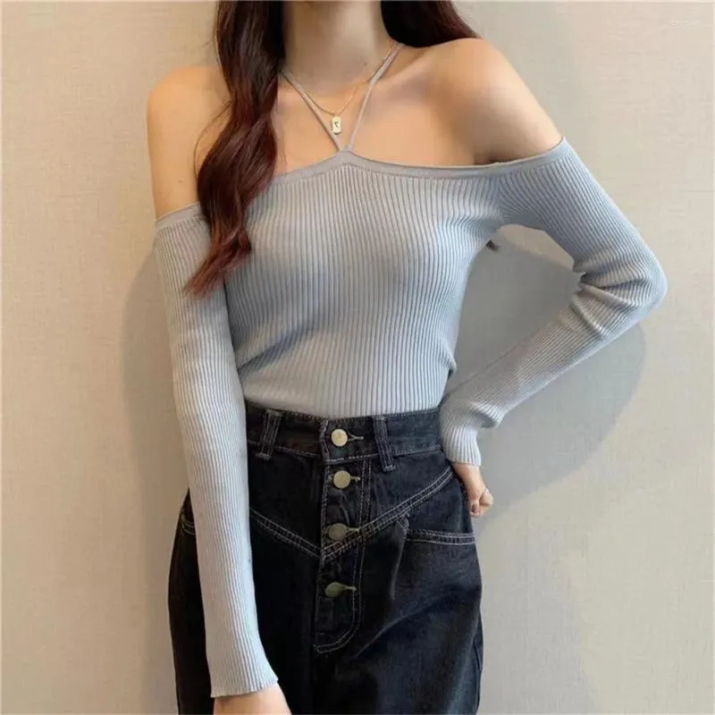 Women's T Shirts Long Sleeve Skinny Knitted Off Shoulder T-shirt Korean Fashion Hanging Neck Knitwear Lady Autumn Women Sexy Slim Tees