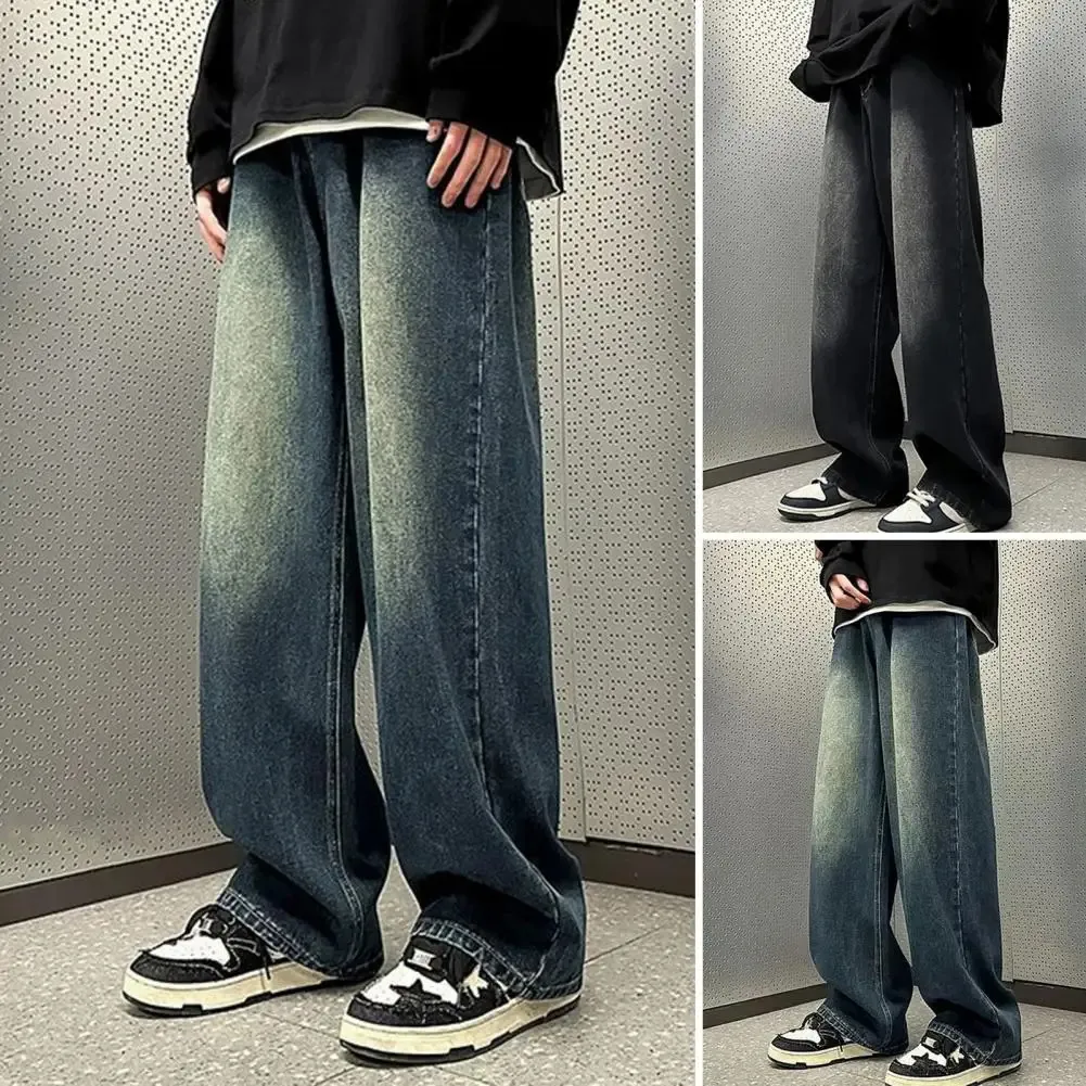 Men Jeans Gradient Contrast Color Wide Leg Loose High Street Retro Hip Hop Straight Full Length Pockets Button Zipper Closure Me 240426