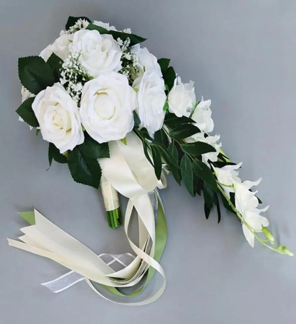 Waterfall Silk Rose Wedding Bouquet for bridesmaids Bridal Bouquets White Artificial Flowers Mariage Supplies Home Decoration8745370