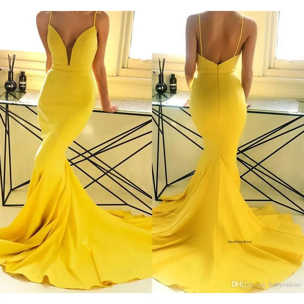 Sexy Yellow Mermaid Evening Dresses Cheap Backless Spaghetti Traps Trumpet Long Bridesmaid Dress Prom Party Gowns Robe De Mariee 0430