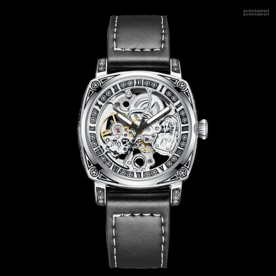 Muñecos de pulsera Top Exquisito Tallado Mecánico Menores Skeleton Automatic Automatic Self-Winds Watches Sport 285z