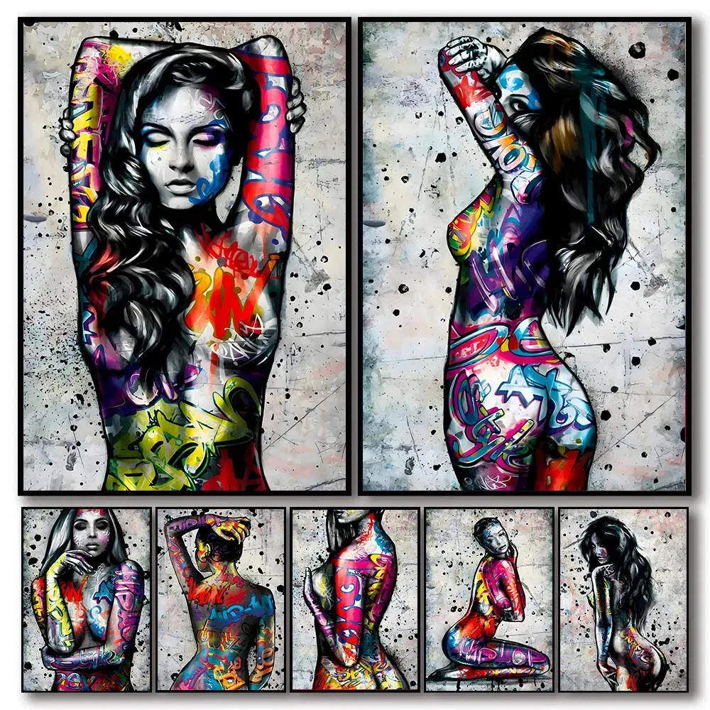Street Art Female Body Wall Art Art Graffiti Luxury Tela Painting Poster per donna Tattoo e Stampe Immagini per l'arredamento della casa senza cornice