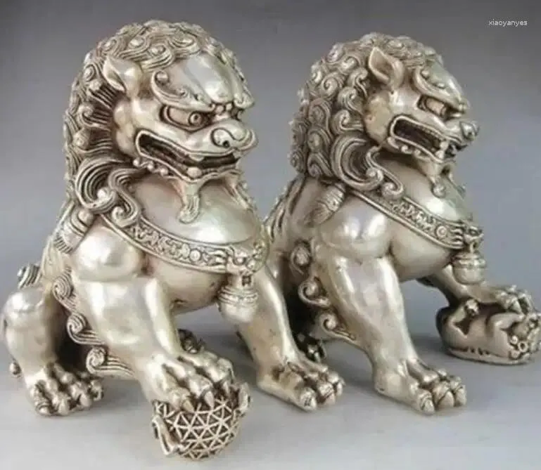 Figurines décoratives 12 12cm chinois Silver Guardian Lion Foo Fu Dog Statue