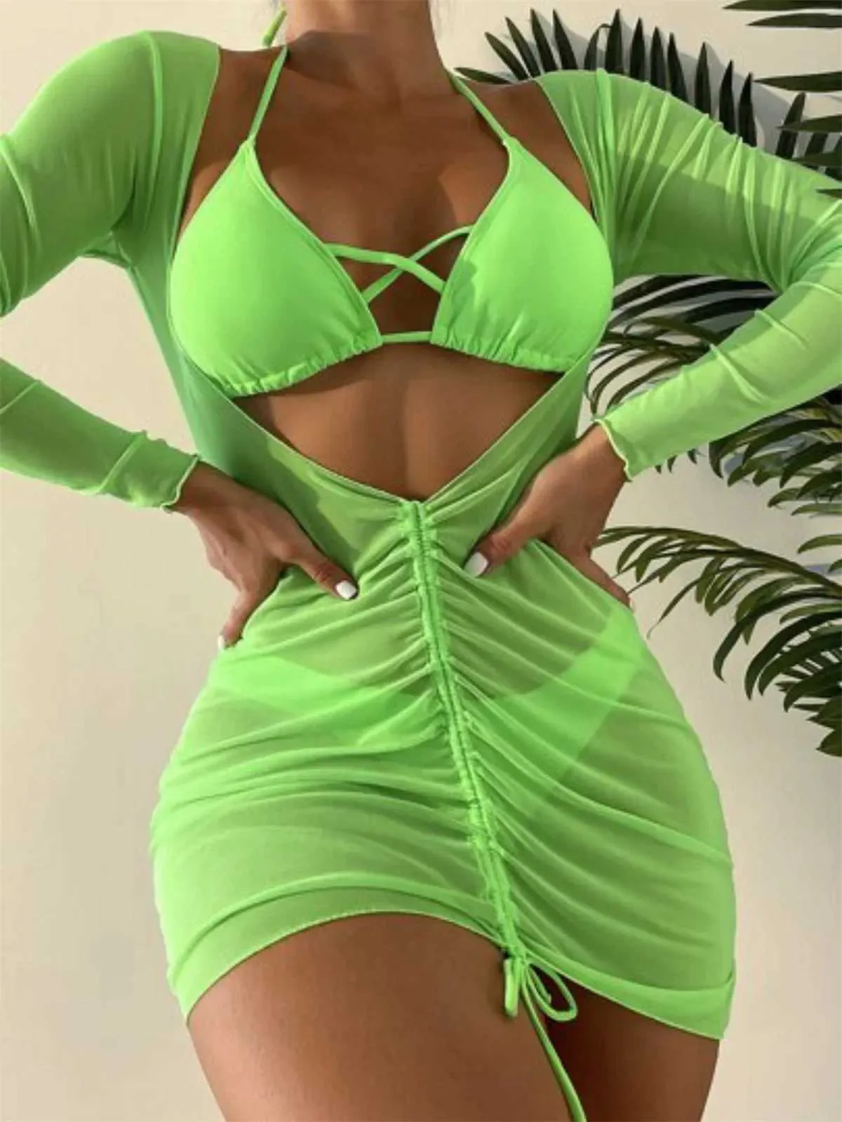 Kadın Mayo Uzun Slves Elbise Bikini Seti 2024 Kadın Neon Grn Dantel Yukarı 3 Parça Mayo Brezilya Mayo Kıyafet Pleate Cover Up Mayo Y240429