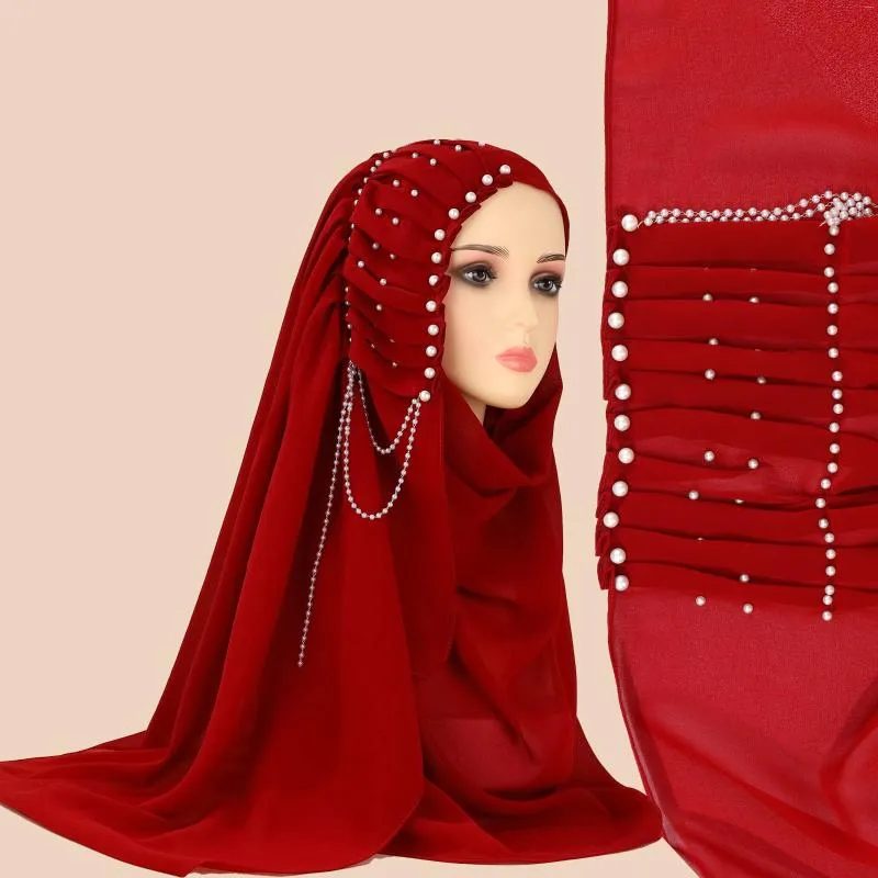Roupas étnicas lenço -cabeça feminina colorida sólida pérola chiffon tassel lenço longo lenço plissado abaya ramadan abayas para mulheres