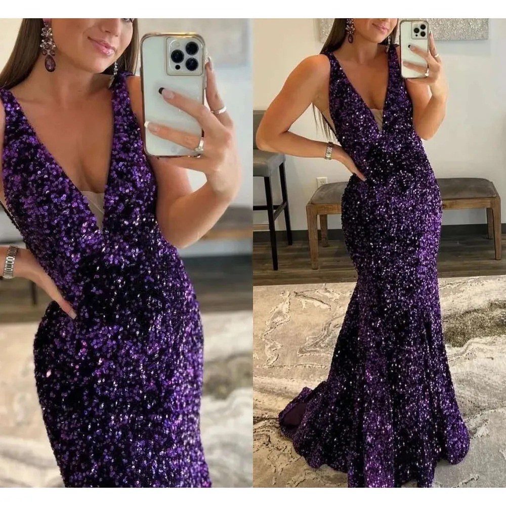 Elegante plus size paarse zeemeerminjurken Deep V nek lovertjes plooien Formele avondfeestjurk Prom Birthdant Pageant Celebrity Special OCN -jurken 0430