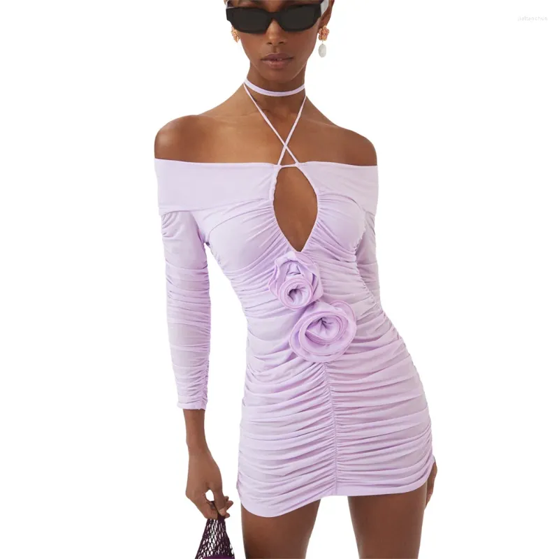 Casual Dresses Women Tie-up Halterneck Pleated Party Dress Long Sleeve Slim Fit Mini Cocktail Purple 3D Flower Decor Bodycon