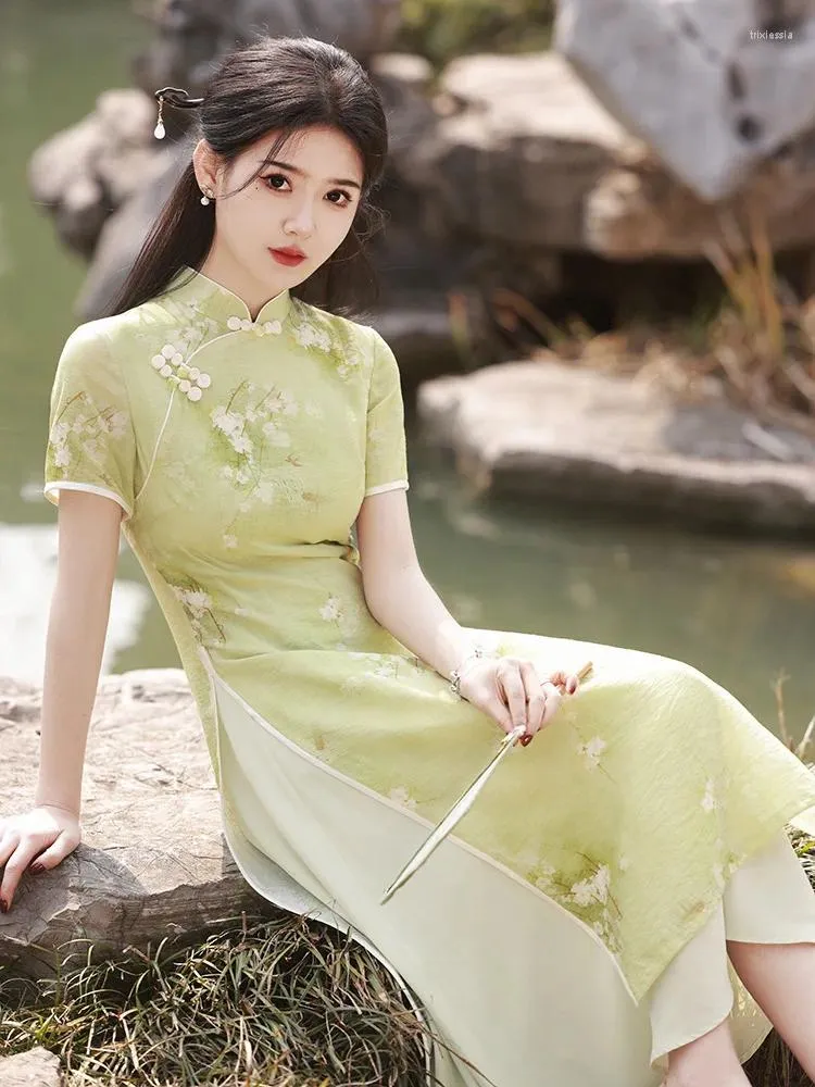 Etniska kläder Sexiga blommor kvinnor aodai cheongsam traditionell kinesisk mandarin krage qipao elegant mantel klänning vintage kvällsfest klänning