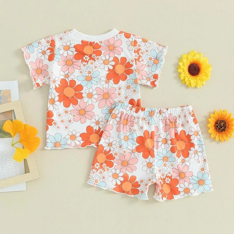 Clothing Sets Carolilly Kids Toddler Baby Girls 2 Pieces Summer Outfits Floral Ruffle Short Sleeve T-shirt Tops Elastic Waist Shorts (6