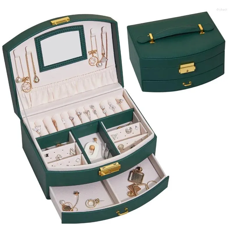 Bolsas de joalheria Caixa de armazenamento de camada dupla de grande capacidade com gaveta de couro multifuncional em estilo coreano de boa qualidade organizador de jóias