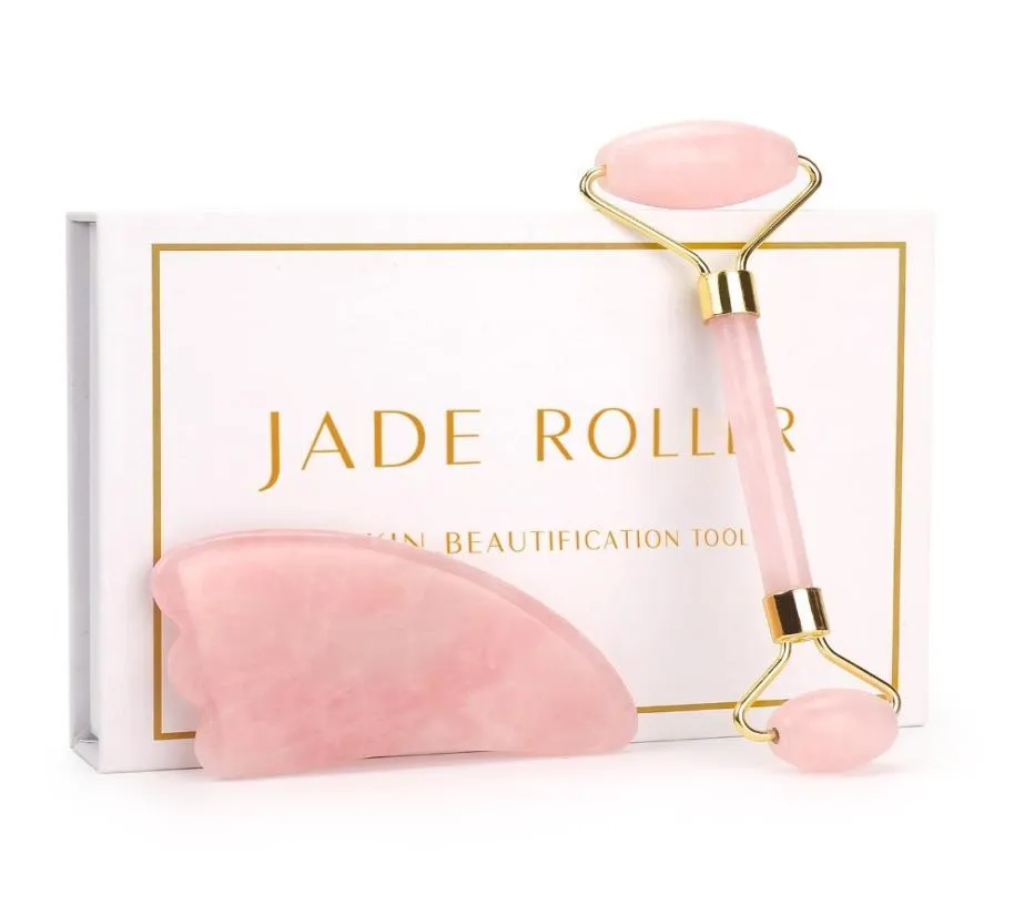 Rose Quartz Roller Slimming Face Massager Lifting Tool Natural Jade Facial Massage Roller Stone Skin Massage Beauty Care Set Box1311134