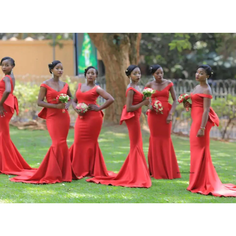 Afrikansk nigeriansk stil lång röd sjöjungfru brudtärna klänningar öppnar rygg formell piga av hedersklänning bröllop party klänningar vestidos 0430