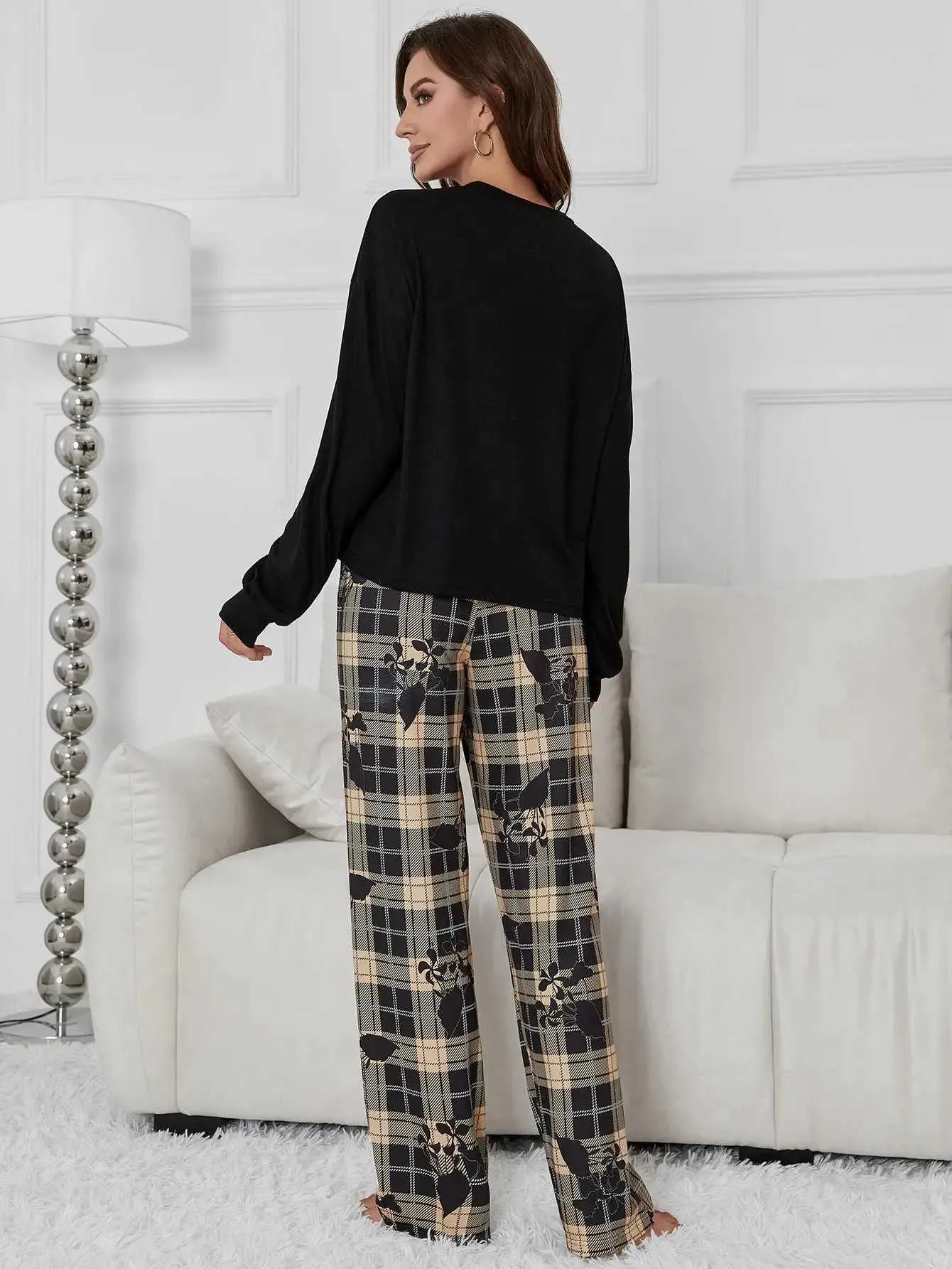 Abbigliamento il sonno da donna Donne Piajama Set Solid Long Slve Pantaloni a quadri a flusso integrale Panda Stampa 2 pezzi Slpwear Female Nightwear Homwear Cloth Y240426