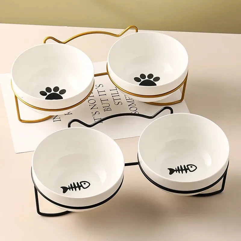 Poursweet Pet Cat Bowl Ceramic 500ML Water Feeder Food Feeding Dish Dispenser With Raised Stand Kitten Puppy Metal Elevated Bowl 240429