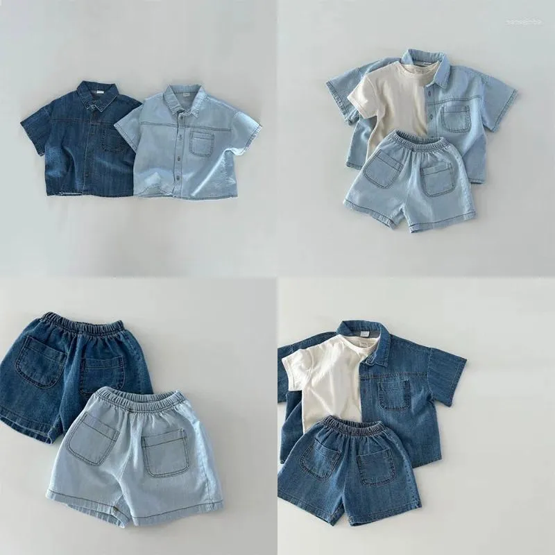 Ensembles de vêtements 6856 Enfants coréens set 2024 Summer Boy's Denim Costume Short à manches à manches
