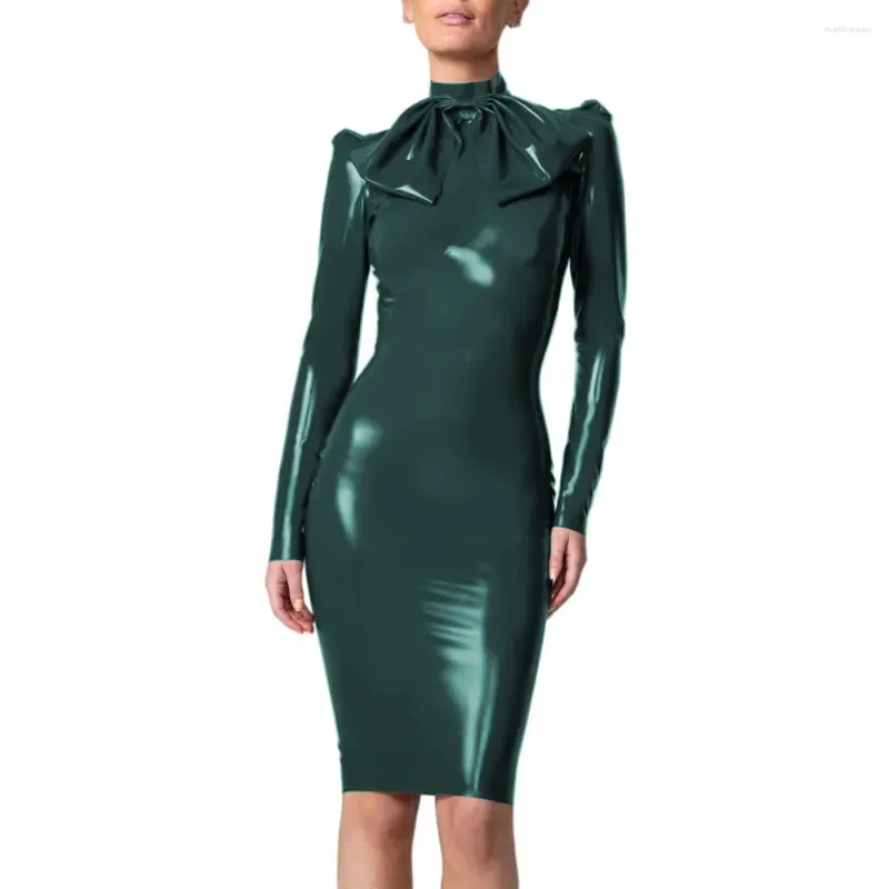 Robes décontractées Wetlook PVC robe pleine manche gaine Big Bow Mock Nou Faux Latex Bodycon Madi Bure