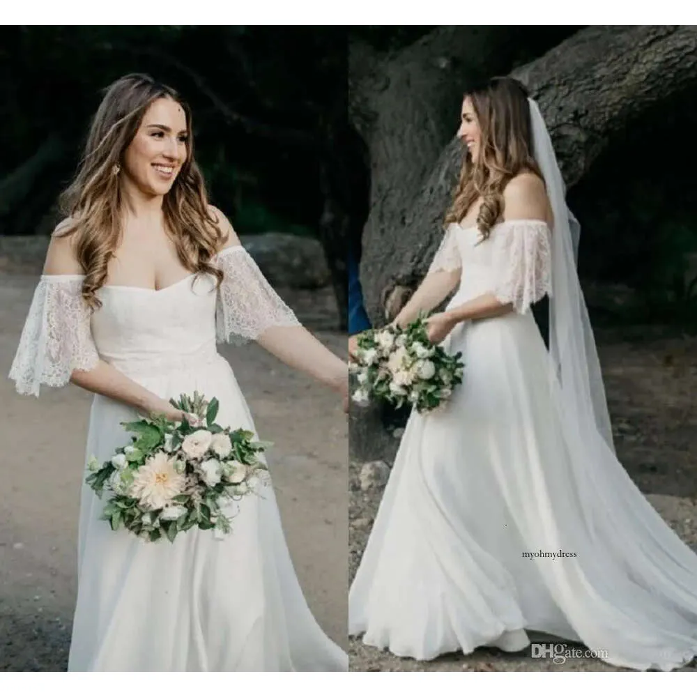 Simple Bohemian Gowns Lace Western Garden Forest Bride Wedding Dresses Off Shoulder Sweetheart A Line Robe De Mariee 0430