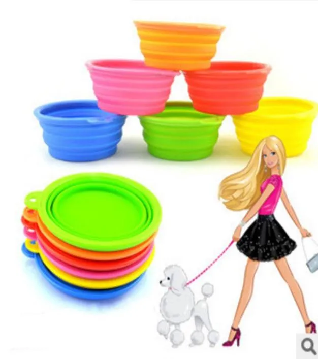 Whole 300pcslot silicone foldable pet cat dog bowl folding collapsible puppy doggy feeder water food container pet feeder bow2453097