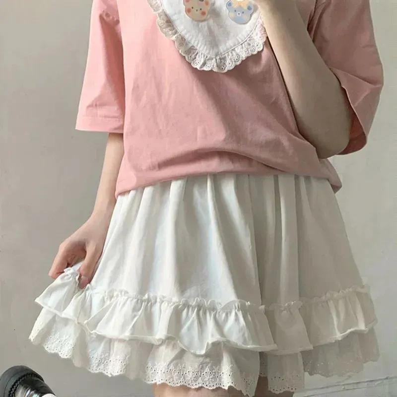 Корейская модная белая кружевная мини-юбка для женской девочки A-Line Короткая каваи милый стабильный стиль студент с высокой талией 240420
