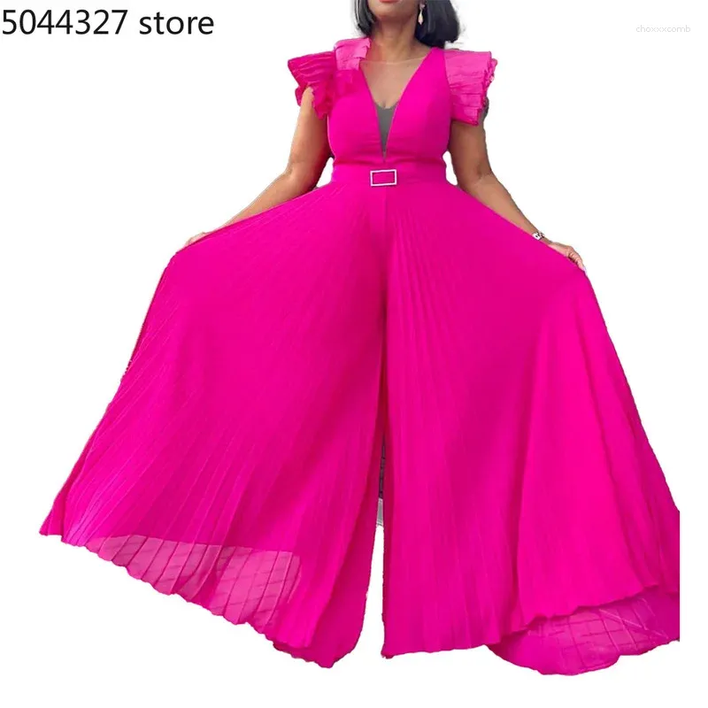 Abbigliamento etnico Elegante tuta da donna africana per la manica corta Rompers Abbigliamento nero rosa bianca con cintura