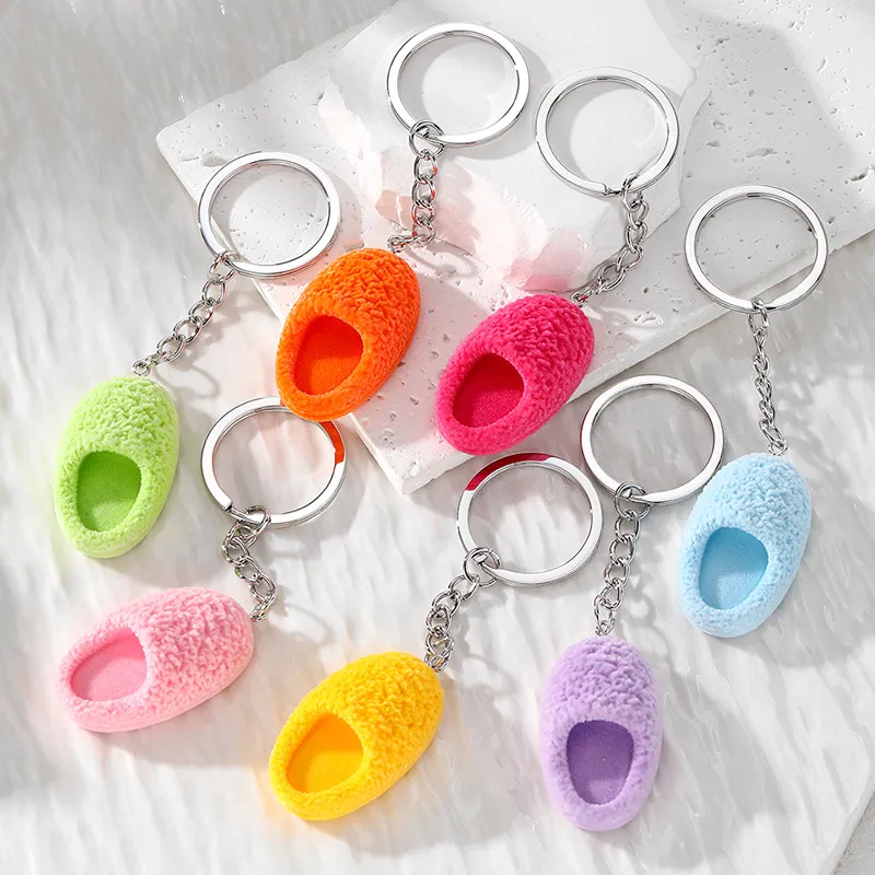 Resin Cute 3D Slipper Shoes Keychain for Women Friend Gift Kawaii Simulation Fluffy Pendant Bag Box Car charms Keyring Jewelry